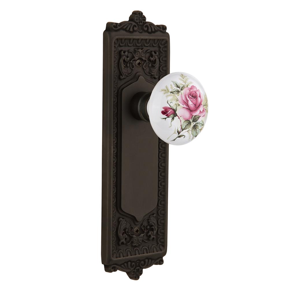 Nostalgic Warehouse EADROS Privacy Knob Egg and Dart Plate with Rose Porcelain Knob without Keyhole in Oil Rubbed Bonze
